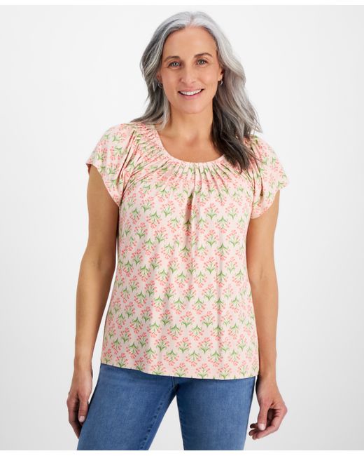 Style & Co Petite Flower Bunch Pleat-Neck Top Created for