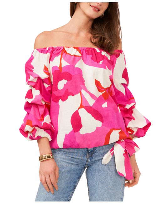 Vince Camuto Printed Off-The-Shoulder Bubble Sleeve Tie Front Top