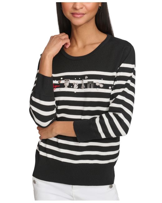 Karl Lagerfeld Embellished Striped 3/4-Sleeve Sweater