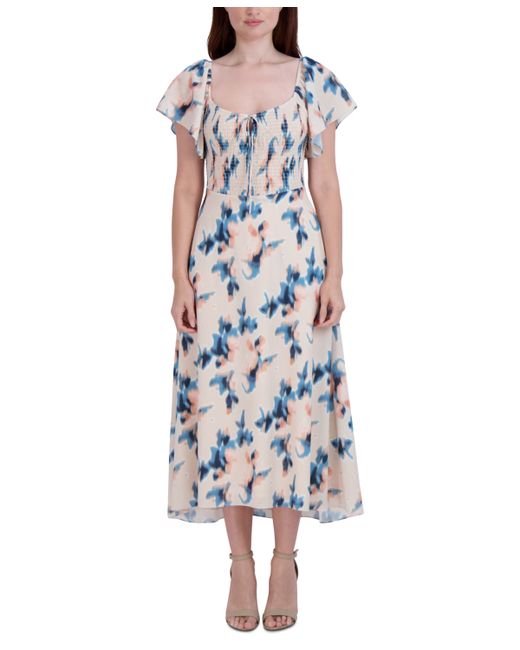 BCBGeneration Printed Smocked Flutter-Sleeve Midi Dress