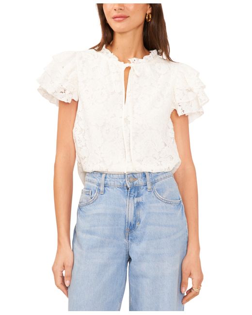 1.State Tie Neck Short Flutter Sleeve Lace Blouse