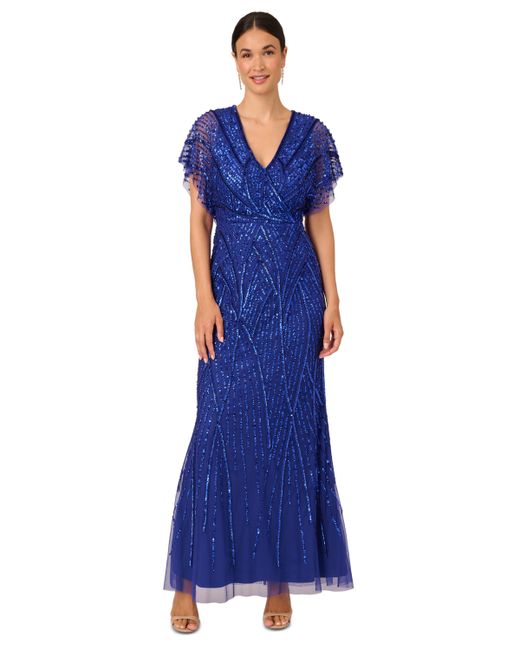Adrianna Papell Embellished Flutter-Sleeve Gown