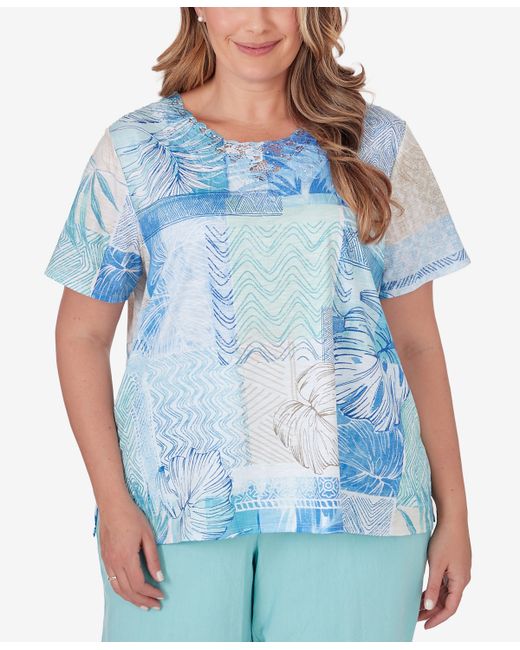 Alfred Dunner Plus Hyannisport Patchwork Leaf T-Shirt With Lace Detail