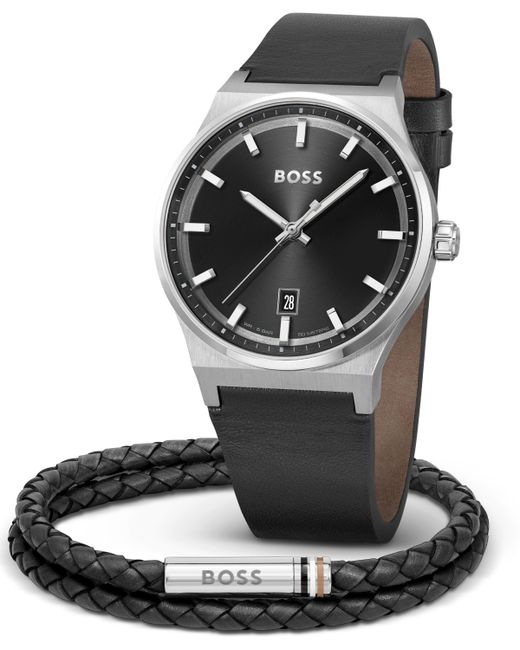 Boss Candor Quartz Leather Watch 41mm Bracelet Gift Set