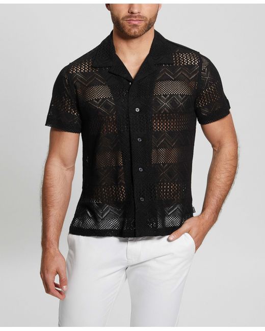 Guess Short-Sleeve Geometric Crochet-Knit Shirt