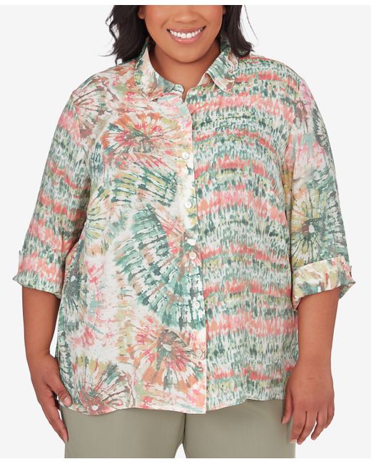 Alfred Dunner Plus Tuscan Sunset Tie Dye Button Down Blouse