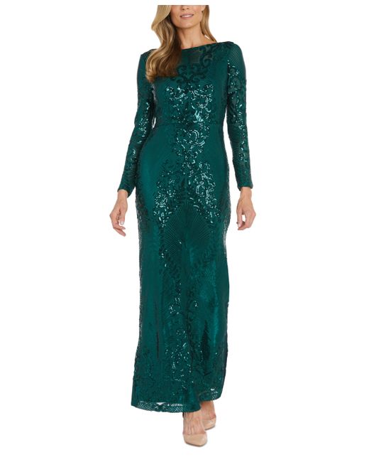 Nightway Sequin Long-Sleeve Illusion Gown