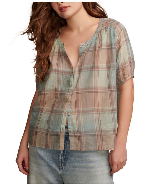 Lucky Brand Cotton Plaid Smocked-Shoulder Blouse
