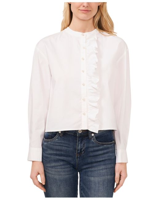 Cece Ruffled Button-Front Long-Sleeve Cropped Blouse