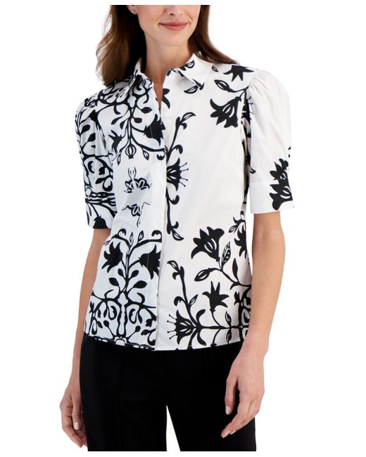T Tahari Printed Puff-Sleeve Button-Front Shirt
