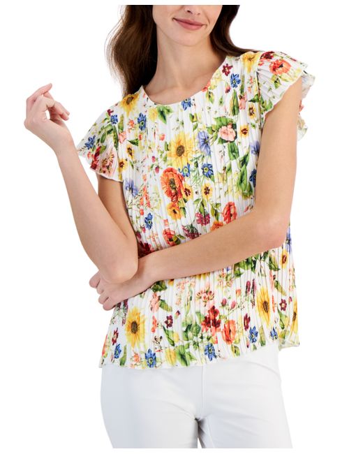 T Tahari Floral-Printed Flutter-Sleeve Pleated Top