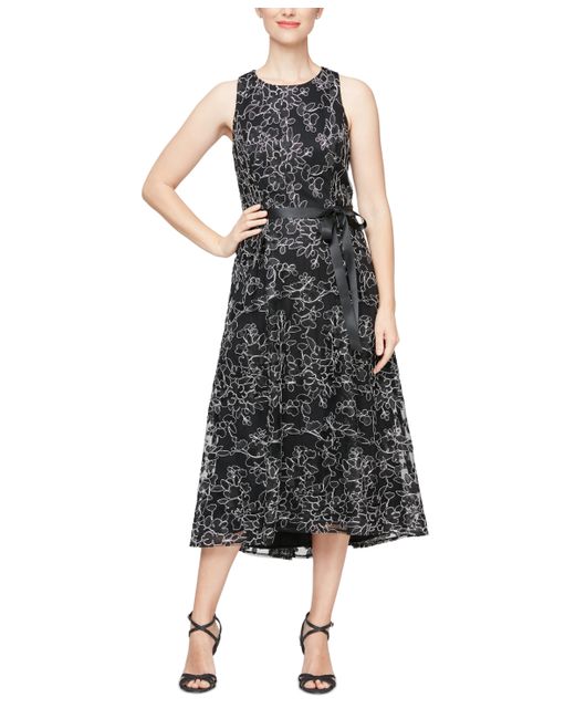 Alex & Eve Embroidered High-Low Midi Dress silver