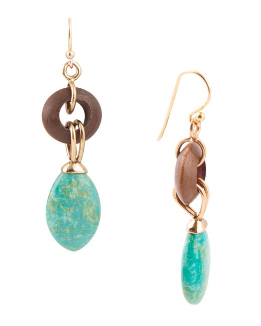 Barse Precious Genuine Turquoise and Wood Golden Bronze Oval Earrings