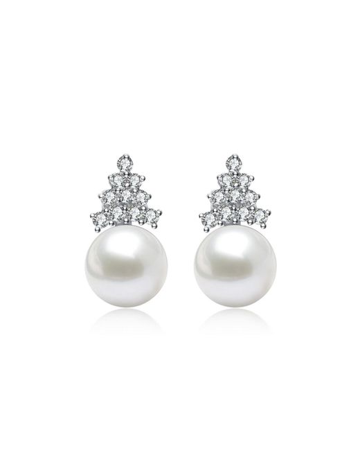 Genevive Sterling White Gold Plated Cubic Zirconia Pearl Earrings