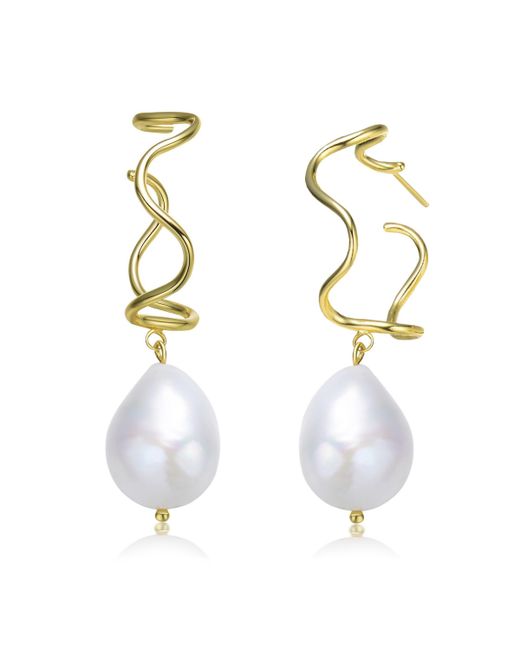 Genevive Very Stylish Sterling Silver with 14K Plating and Genuine Freshwater Pearl Curvy Dangling Earrings
