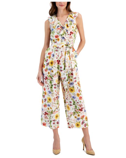 T Tahari Floral-Printed Linen-Blend Faux-Wrap Jumpsuit