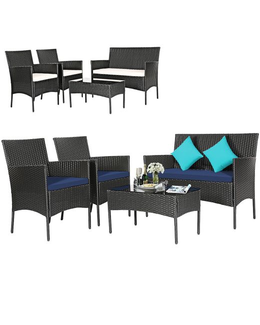 Slickblue 4 Pcs Patio Rattan Cushioned Sofa Furniture Set with Tempered Glass Coffee Table