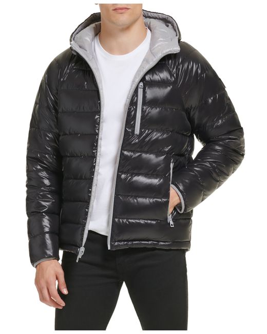 Guess Reversible Quilted Full-Zip Hooded Puffer Jacket Silver