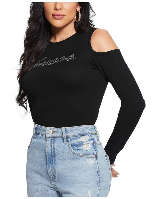 Guess Cold-Shoulder Long-Sleeve Logo Sweater