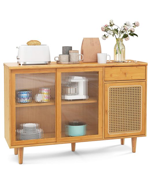 Slickblue Modern Bamboo Buffet Sideboard Cabinet with Tempered Glass Sliding Doors