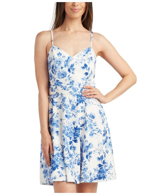 Bcx Juniors Printed Strappy-Back Eyelet Fit Flare Dress