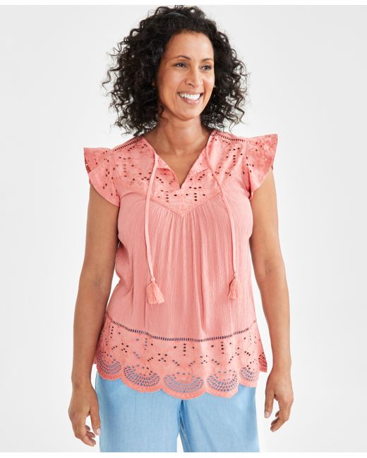 Style & Co Petite Lace-Trim Mixed Media Top Created for