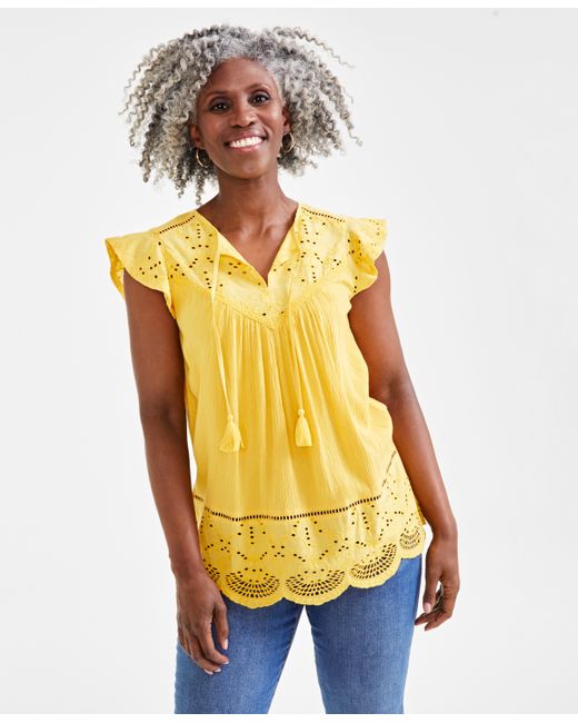 Style & Co Petite Lace-Trim Mixed Media Top Created for