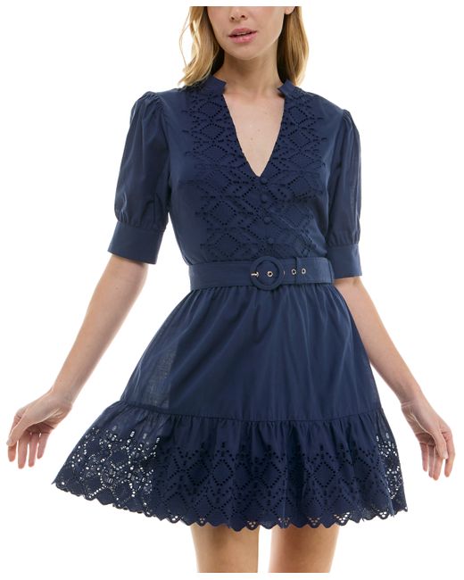 B Darlin Juniors Embroidered Belted Puff-Sleeve Dress