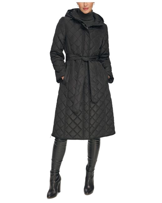 Dkny Petite Hooded Belted Quilted Coat