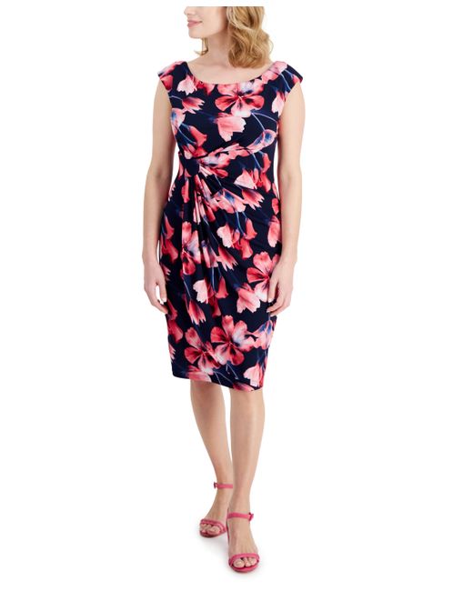Connected Petite Printed Side-Gathered Sheath Dress fus