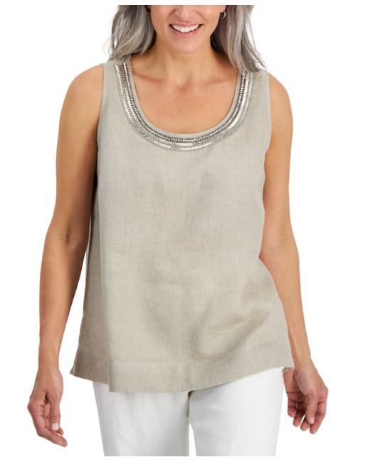 Charter Club Petite Embellished Scoop Neck Linen Tank Top Created for