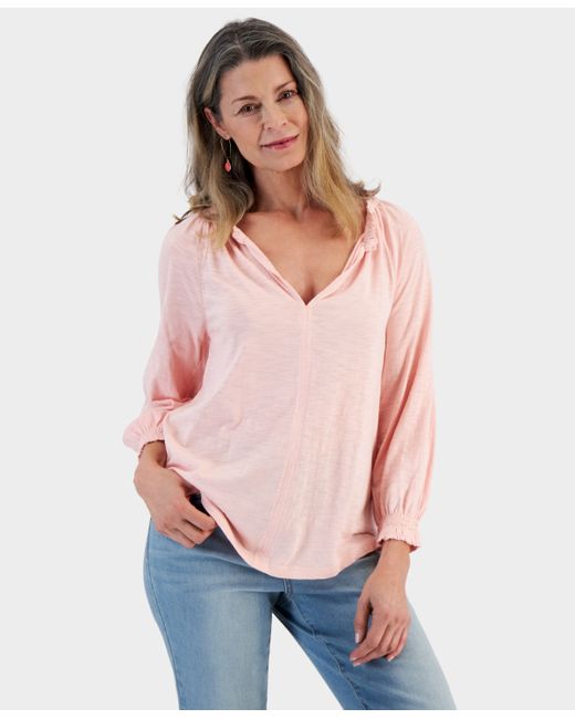 Style & Co Split Neck Ruffle Trim Long-Sleeve Knit Top Created for