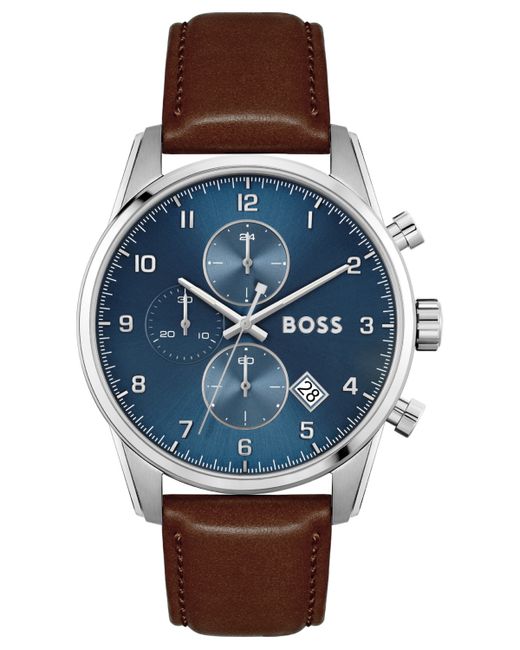 Boss Skymaster Chronograph Brown Leather Strap Watch 44mm