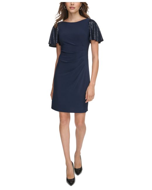 Jessica Howard Petite Shimmer-Sleeve Side-Pleated Dress