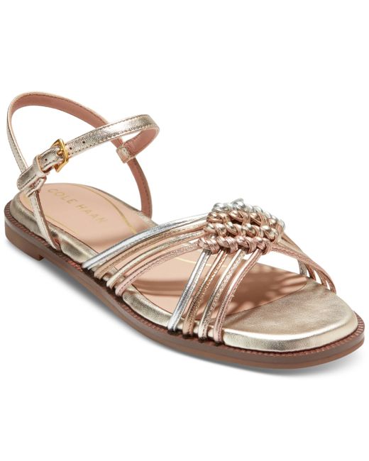 Cole Haan Jitney Ankle-Strap Knotted Flat Sandals Silver Rose Gold Talca