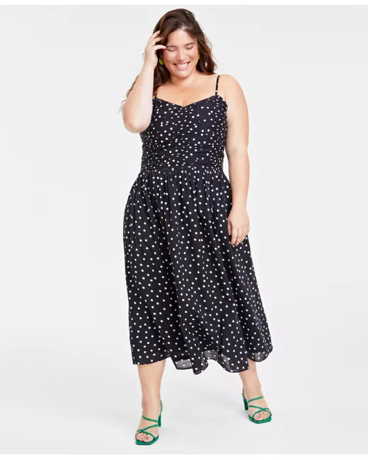 On 34th Trendy Plus Polka-Dot Ruched Corset Midi Dress Created for