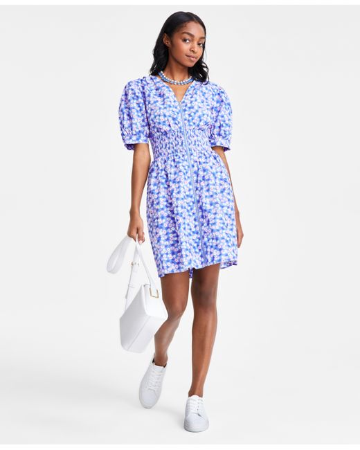 On 34th Printed Cotton Zip-Front Puff-Sleeve Dress Created for