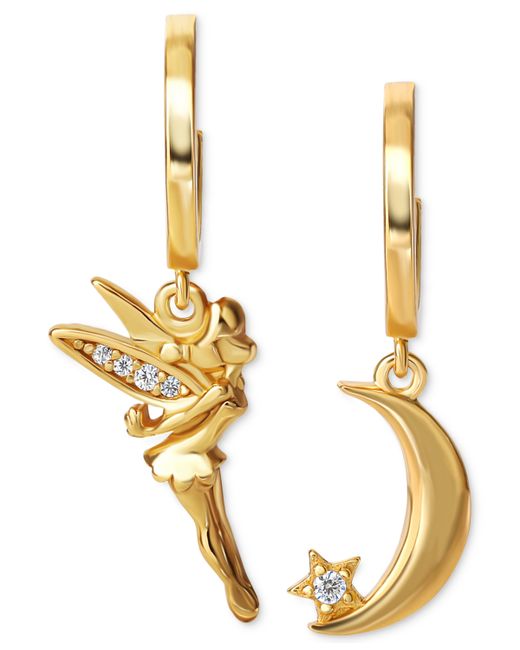 Disney Cubic Zirconia Tinkerbell Moon Mismatch Dangle Hoop Earrings 18k Gold-Plated Sterling
