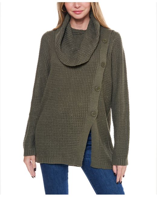 Fever Waffle Knit Cowl Neck Sweater with Buttons