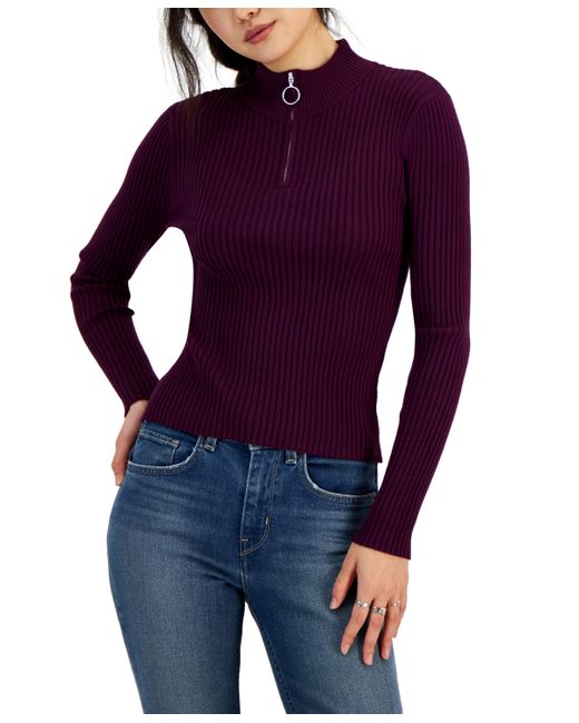 Hooked Up By Iot Juniors Rib-Knit Quarter-Zip Sweater