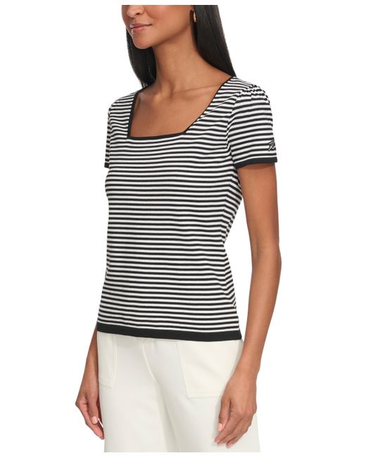 Karl Lagerfeld Striped Square-Neck Short-Sleeve Sweater Soft White