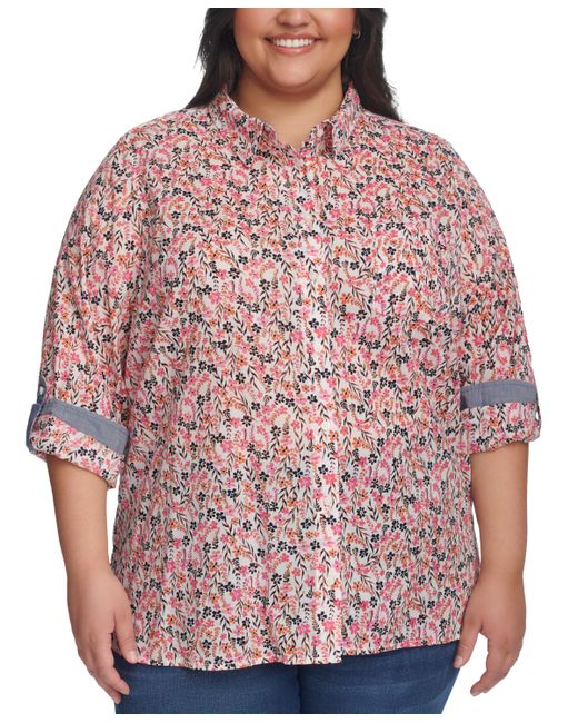 Tommy Hilfiger Plus Floral Roll-Tab Button-Up Shirt Dahlia