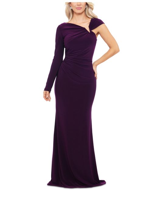 Betsy & Adam Asymmetric Ruched Jersey Gown