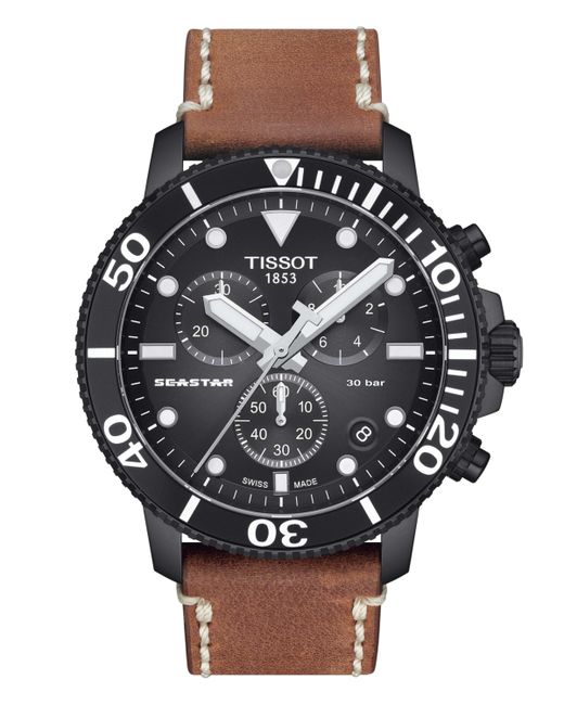 Tissot Swiss Chronograph Seastar Leather Strap Watch 46mm