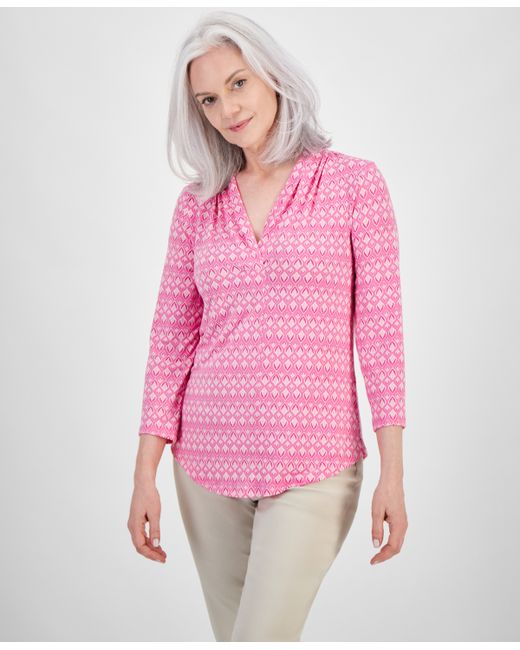 Jm Collection Printed V-Neck 3/4-Sleeve Top Created for Macy
