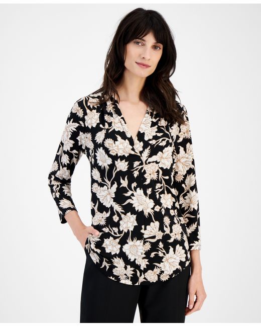 Jm Collection Floral-Print 3/4-Sleeve V-Neck Top Created for