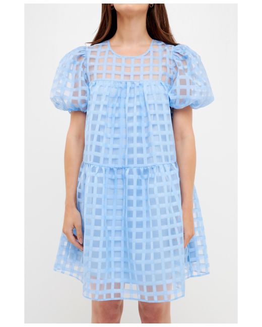 English Factory Gridded Puff Sleeve Dress