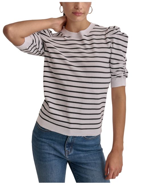Dkny Striped Ruched-Sleeve Crewneck Top Wave