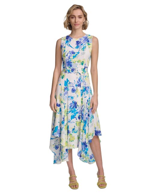 Calvin Klein Sleeveless Floral Handkerchief Hem Dress