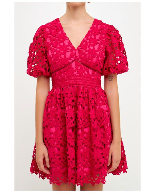 Endless Rose Crochet Lace Puff Sleeve Mini Dress